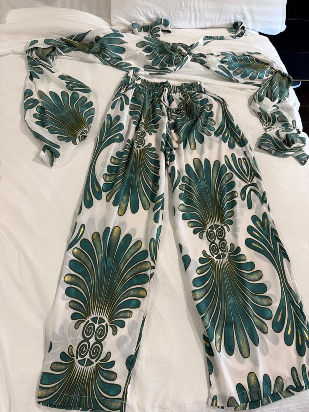 White Jumpsuit with Green set pants with tie around tube top